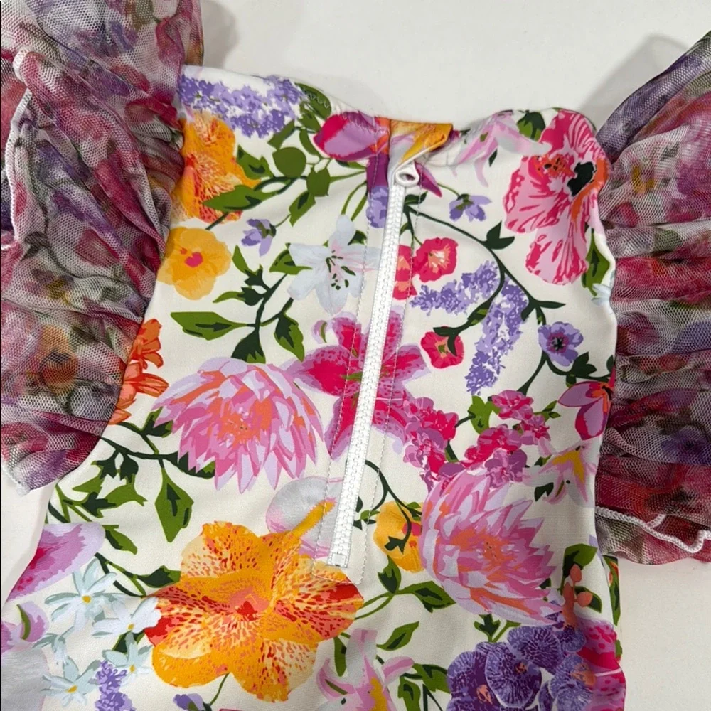 Floral Ruffle-Sleeve Kids One-Piece Swimsuit - White Multi